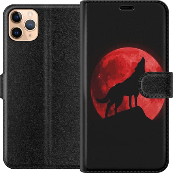 Kompatibel Tegnebogsetui til Apple iPhone 11 Pro Max Sort silhuet af en hylende ulv foran en intenst rød fuldmåne mod en sort baggrund sort