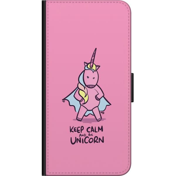 Kompatibel Tegnebogsetui til OnePlus 9 Pro Lyserød tegnet enhjørning med kappe og teksten Keep Calm and Be Unicorn på lyserød baggrund pink
