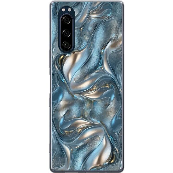 Kompatibelt Mobildeksel til Sony Xperia 5 Abstrakt flytende krom i sølv og blå metallisk effekt sølv