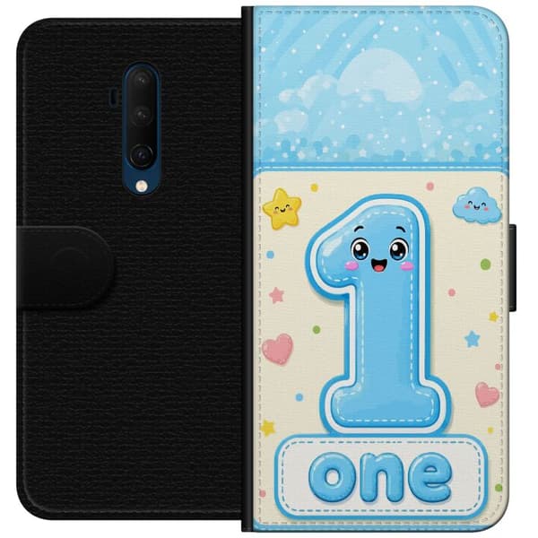 Kompatibel Tegnebogsetui til OnePlus 7T Pro Blåt tal et med teksten One, små stjerner, hjerter og søde detaljer blå