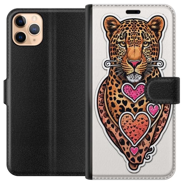 Kompatibel Tegnebogsetui til Apple iPhone 11 Pro Max Illustreret leopard med lyserøde og orange hjerter, sorte pletter og dekorative detaljer orange