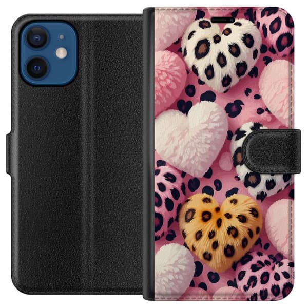Kompatibel Tegnebogsetui til Apple iPhone 12 mini Bløde hjerter med leopardmønster i pink, hvid og gul på lyserød baggrund