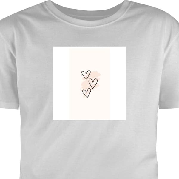 T-shirt til Voksen Grå Stor Tre håndtegnede sorte konturhjerter over lyserøde penselstrøg på lys baggrund grå L