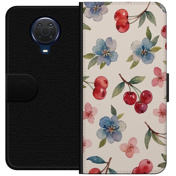 Nokia G20 Tegnebogsetui Bær & Blomster - mønster med blå blomster og skovbær