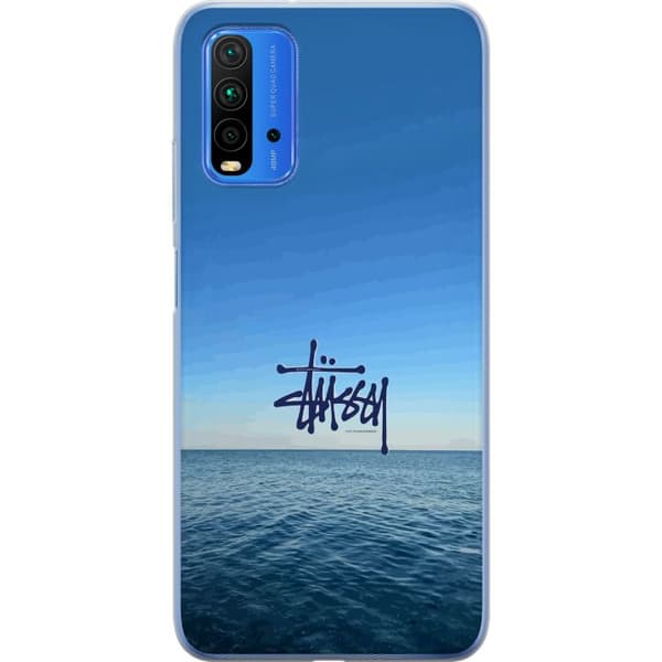 Kompatibelt Mobildeksel til Xiaomi Redmi Note 9 4G Havspanorama med blå himmel og stilig surf-inspirert logo blå