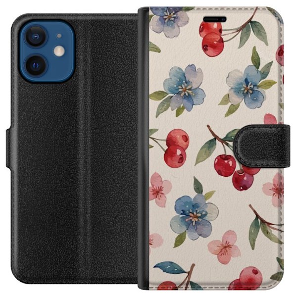 Apple iPhone 12 mini Tegnebogsetui Bær & Blomster - mønster med blå blomster og skovbær