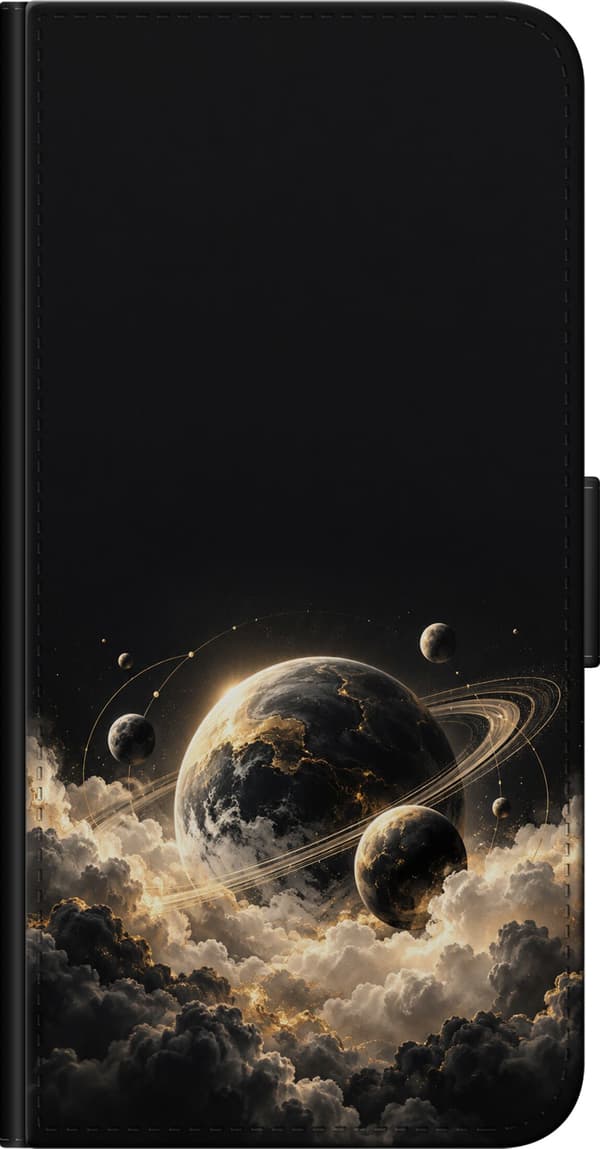 Kompatibel Tegnebogsetui til Xiaomi Redmi Note 9 Pro Rummet – Planeter blandt lyse skyer – Stor planet med ringe og mindre planeter blandt beige skye sort