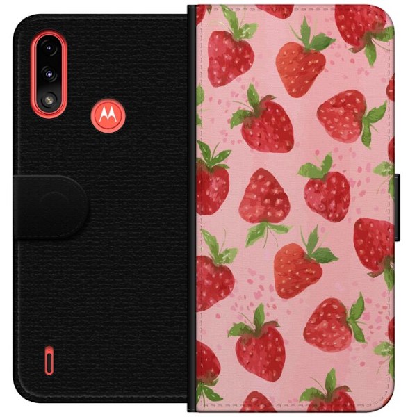 Motorola Moto E7 Power Lommeboketui Jordbærdrømmer - Retro-stil jordbærmønster