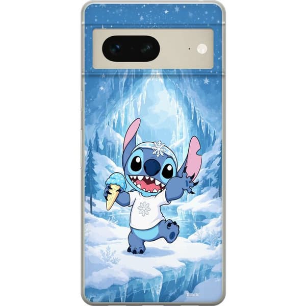 Kompatibelt Mobildeksel til Google Pixel 7 Blå tegnet fantasifigur med iskrem, snøfnugg og isete vinterbakgrunn blå
