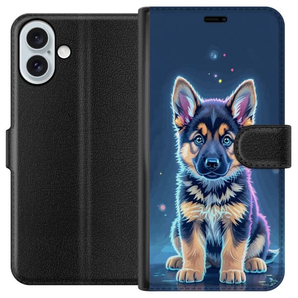 Kompatibel Tegnebogsetui til Apple iPhone 16 Plus Neonbelyst schæferhunde-hvalp med blå og lilla lys-effekter blå