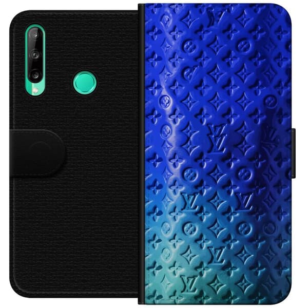 Kompatibelt Lommeboketui til Huawei P40 lite E Blått luksuriøst monogrammønster med elegant preget tekstur blå