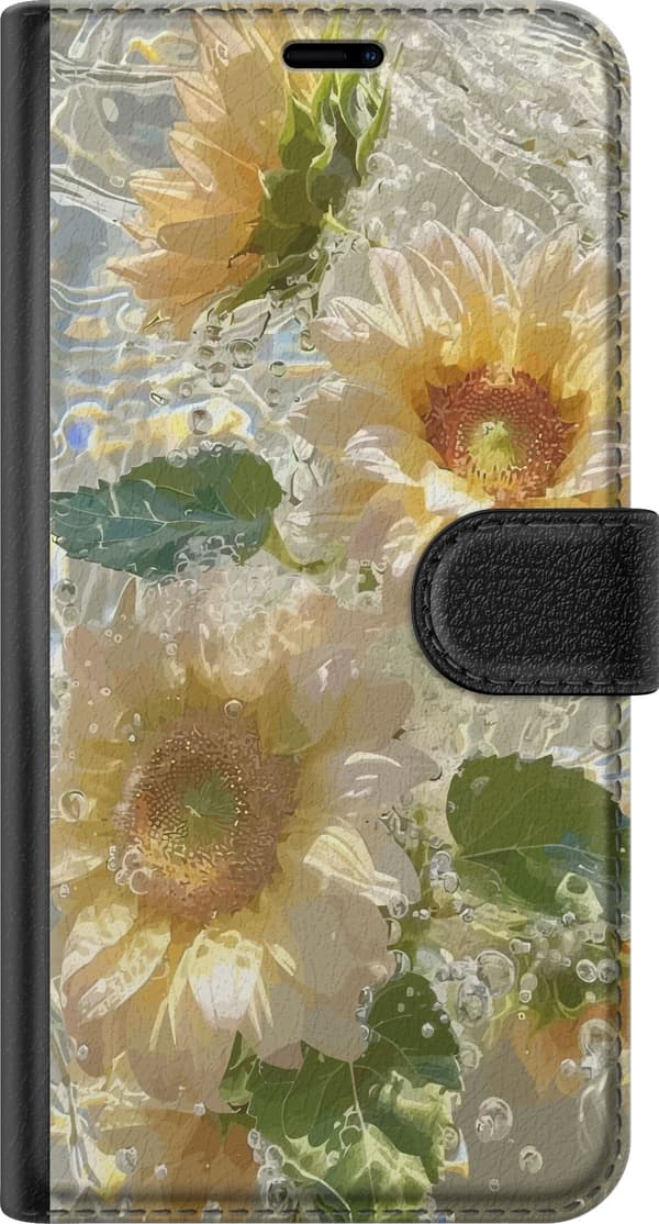 Kompatibelt Plånboksfodral till Apple iPhone 12 Ljusgula solrosor med gröna blad i glittrande vatten och bubblor gul