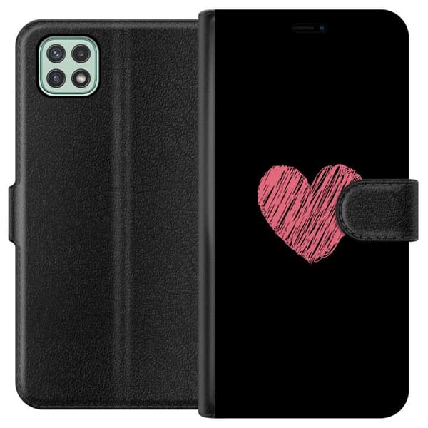 Kompatibel Tegnebogsetui til Samsung Galaxy A22 5G Håndtegnet lyserødt hjerte på sort minimalistisk baggrund