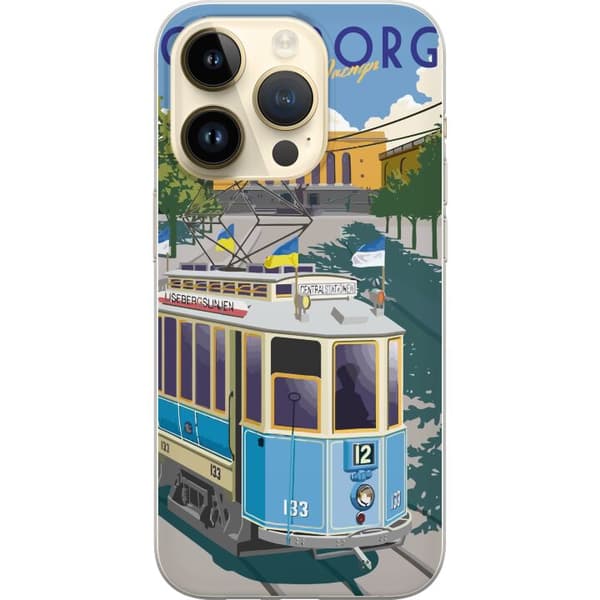 Kompatibelt Mobildeksel til Apple iPhone 15 Pro Retroinspirert bymiljø med klassisk blå trikk i Göteborg blå