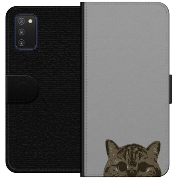 Samsung Galaxy A03s Tegnebogsetui Grå Katteblik - stilfuld kat design med grå baggrund