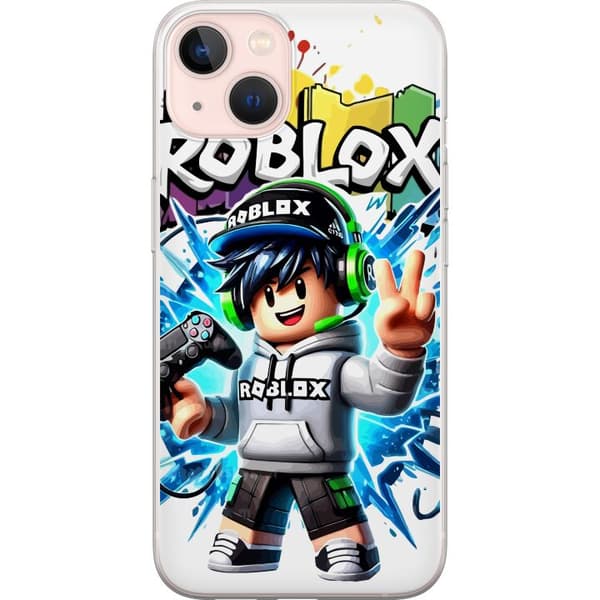 Kompatibel Mobilcover til Apple iPhone 13 Roblox-spilkarakter med headset og controller foran farvestænk