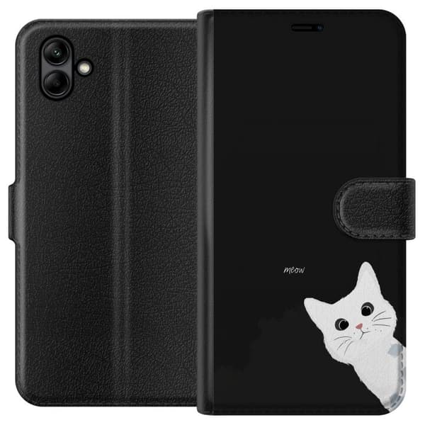 Kompatibel Tegnebogsetui til Samsung Galaxy A05 Sort motiv med hvid kat og Meow-tekst, legesyg katteillustration sort