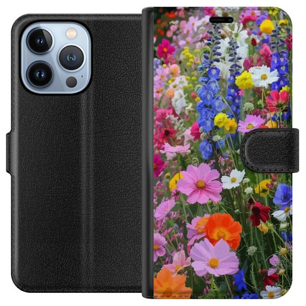 Apple iPhone 13 Pro Lompakkokotelo Kukkakuvioinen mobiilikuori kesäisellä niityllä ja luontomaisemalla