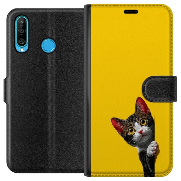 Kompatibel Tegnebogsetui til Huawei P30 lite Sød kat, der kigger ud mod gul minimalistisk baggrund gul