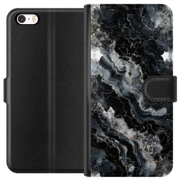 Kompatibel Tegnebogsetui til Apple iPhone SE (2016) Sort og grå marmor med bølgende stenformationer og lyse metalliske detaljer sort