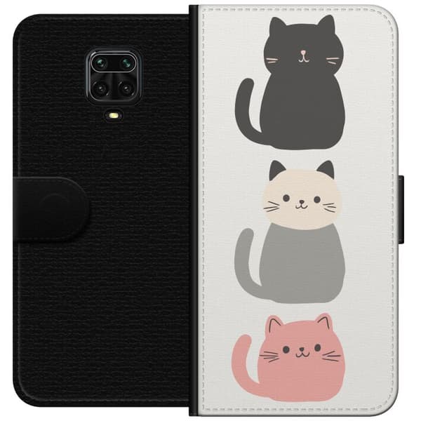 Kompatibel Tegnebogsetui til Xiaomi Redmi Note 9 Pro Tre minimalistiske katte i sort, grå og pink mod en lys baggrund hvid