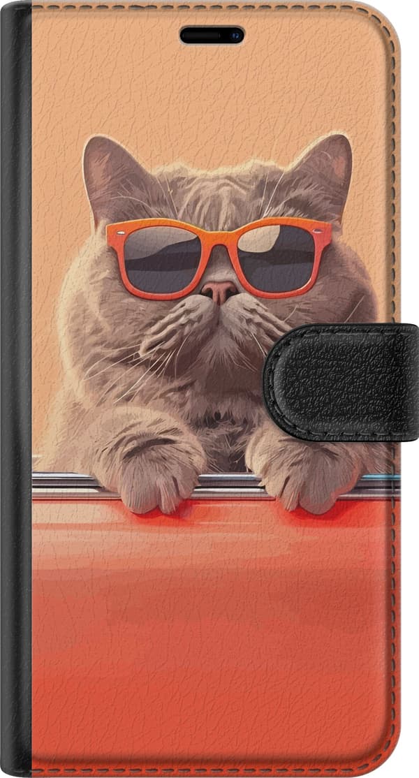 Kompatibel Tegnebogsetui til Google Pixel 7a Brun kat med orange solbriller og forpoter over en orange dørkant orange