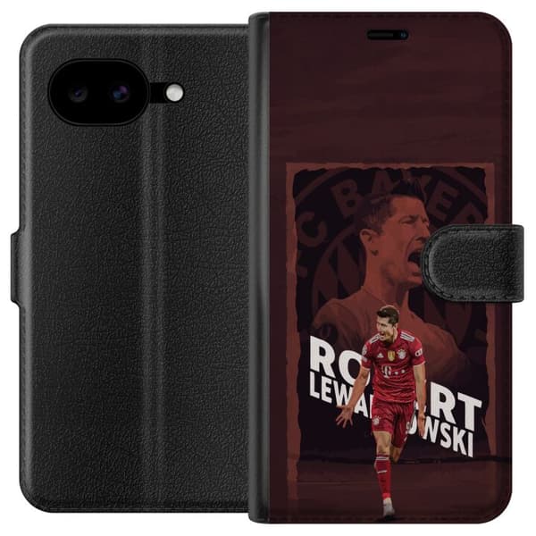 Kompatibel Tegnebogsetui til Google Pixel 10a Robert Lewandowski i mørkerød collage - fodboldmotiv i sort og mørkerød sort