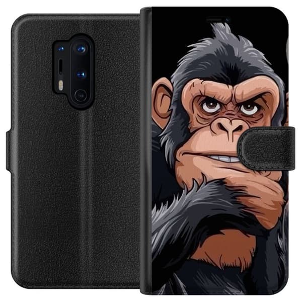 Kompatibel Tegnebogsetui til OnePlus 8 Pro Illustreret chimpanse med cigar, der viser langfingeren mod sort baggrund sort