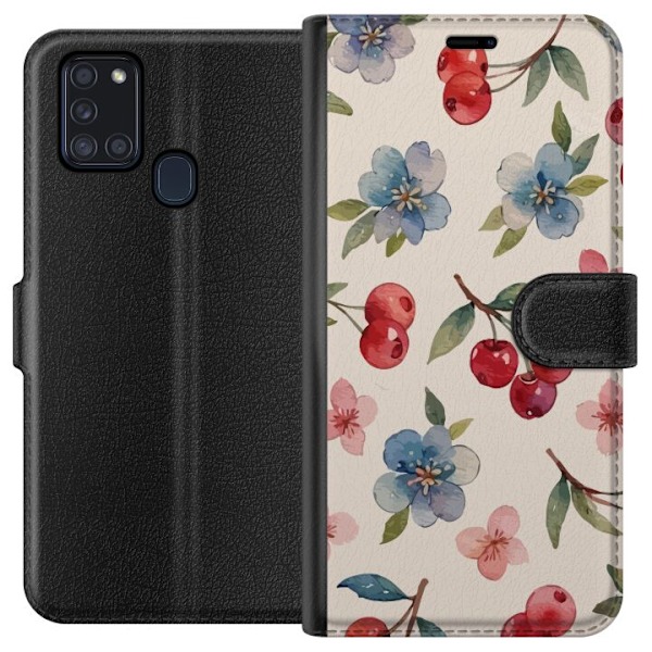 Samsung Galaxy A21s Plånboksfodral Bär & Blommor – mönster med blå blommor och skogsbär