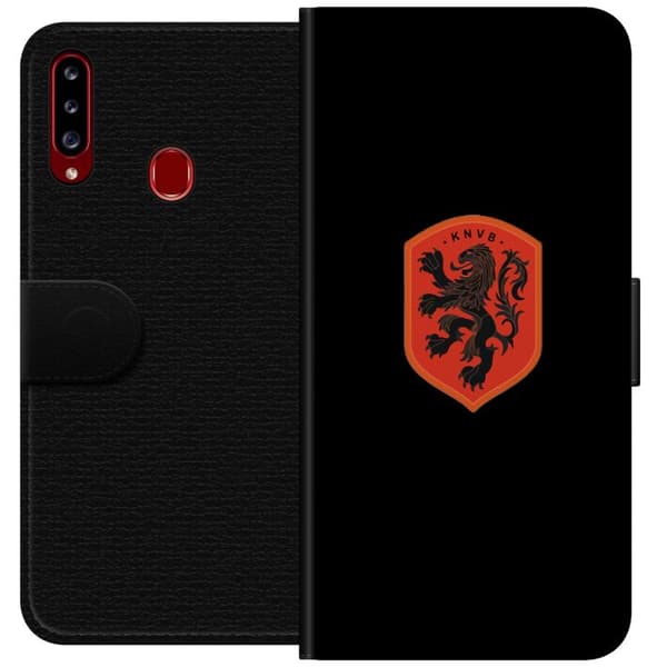 Kompatibel Tegnebogsetui til Samsung Galaxy A20s Orange skjold med sort heraldisk løve mod sort baggrund sort