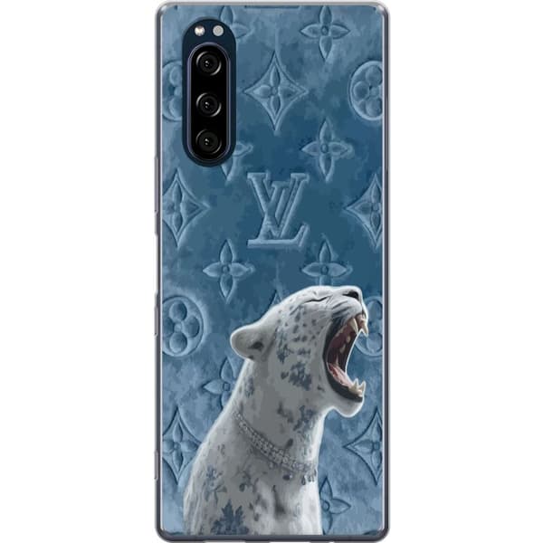 Kompatibelt Mobildeksel til Sony Xperia 5 Eksklusiv hvit leopard med blå detaljer og elegant mønstret bakgrunn blå