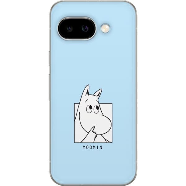 Kompatibel Mobilcover til Google Pixel 9a Mumitrolden i sort-hvid illustration mod lyseblå baggrund blå