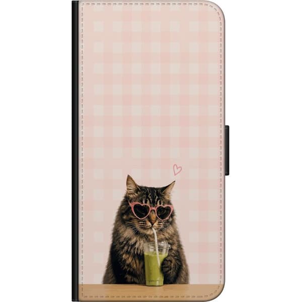 Kompatibel Tegnebogsetui til Samsung Galaxy Note9 Sjovt kattemotiv med lyserøde hjerteformede solbriller og grøn smoothie på lyserød ternet baggrund pink