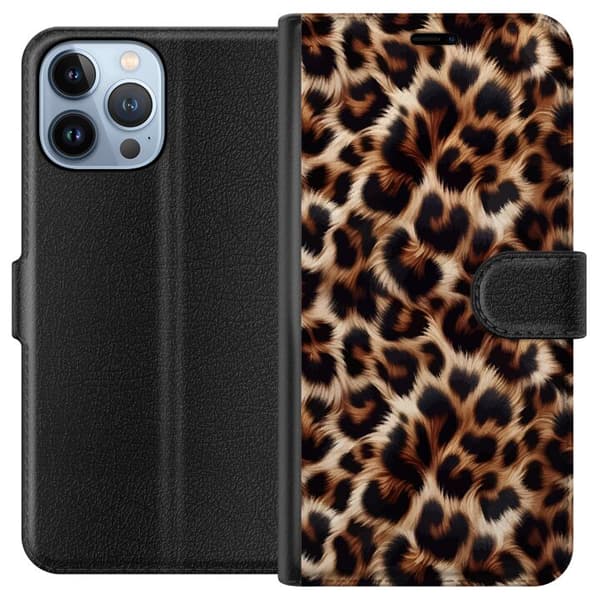 Kompatibel Tegnebogsetui til Apple iPhone 13 Pro Max Nærbillede af leopardmønster med bløde pelsdetaljer i brune og sorte nuancer