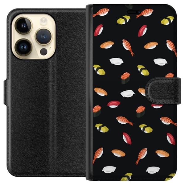 Kompatibel Tegnebogsetui til Apple iPhone 15 Pro Mønster med sushi, nigiri, rejer og rogn mod sort baggrund sort