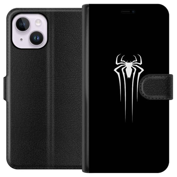 Kompatibel Tegnebogsetui til Apple iPhone 14 Plus Minimalistisk hvidt edderkoppesymbol med lange ben på sort baggrund sort