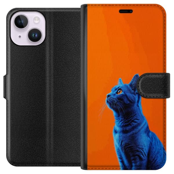Kompatibel Tegnebogsetui til Apple iPhone 15 Blå kat med orange baggrund i moderne popkunststil blå