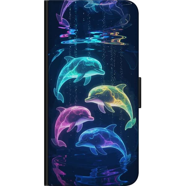 Kompatibel Tegnebogsetui til OnePlus 8 Farverige lysende delfiner i blå, pink, gul og turkis under vand blå