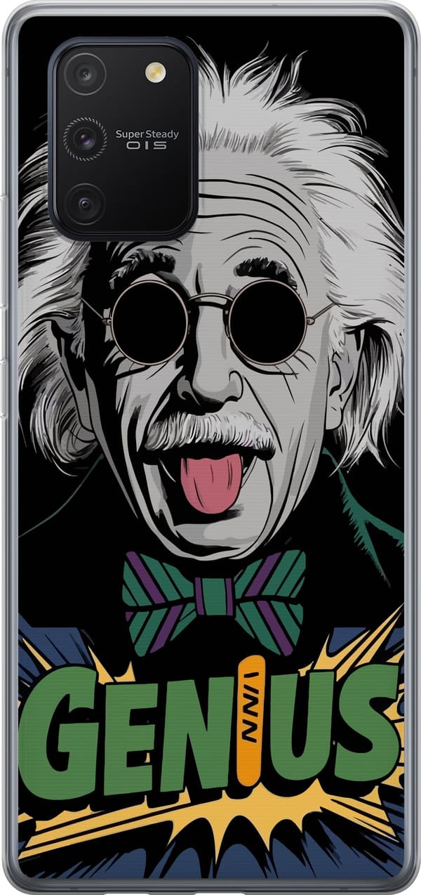 Kompatibelt Mobilskal till Samsung Galaxy S10 Lite Tecknad Albert Einstein med solglasögon, utsträckt tunga och grön Genius-text svart
