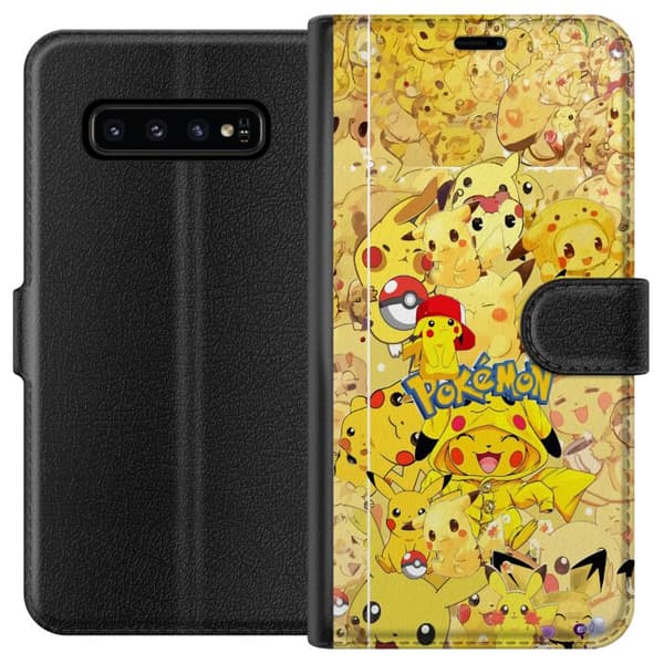 Kompatibel Tegnebogsetui til Samsung Galaxy S10 Sød Pikachu-collage med Pokémon-tema i bløde gule nuancer gul