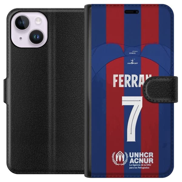 Kompatibel Tegnebogsetui til Apple iPhone 14 Fodboldtrøje med Ferran og nummer 7 i blå-rød design blå