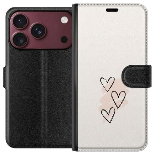 Kompatibel Tegnebogsetui til Apple iPhone 18 Pro Max Tre håndtegnede sorte hjerter med lyserøde penselstrøg på lys baggrund, romantisk motiv beige