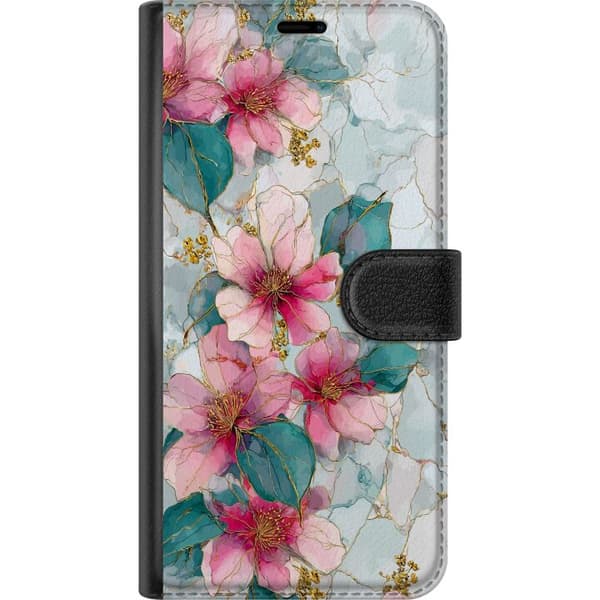 Kompatibel Tegnebogsetui til Google Pixel 9 Elegant blomstermotiv med store lyserøde blomster, grønne blade og dekorative gulddetaljer pink