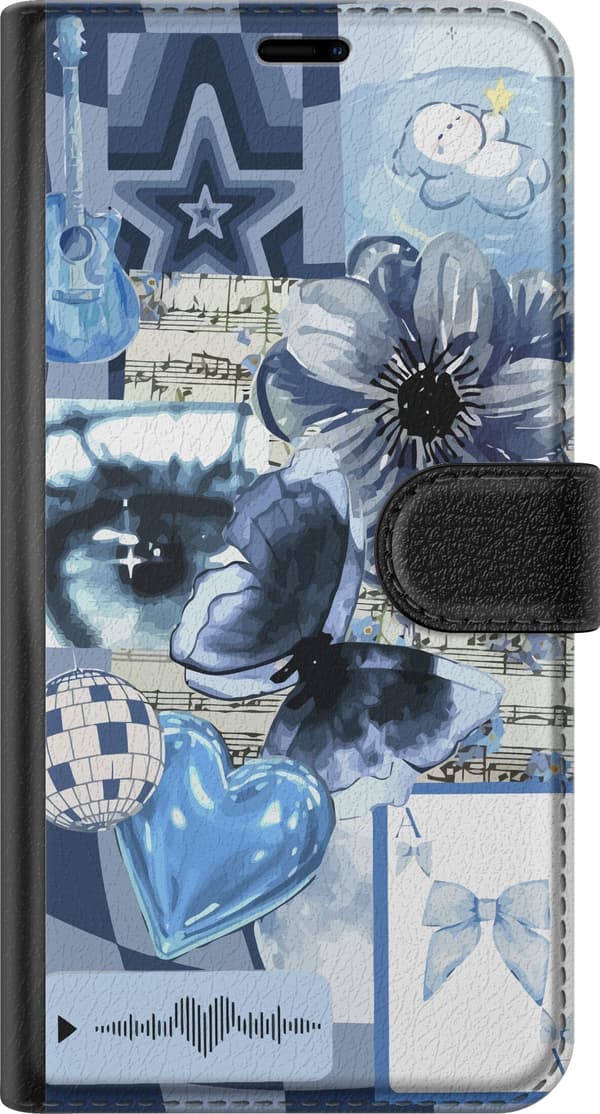 Kompatibel Tegnebogsetui til Apple iPhone 18 Blå blomster guitar hjerte sløjfe nodeark og stjerne i en dekorativ collage blå