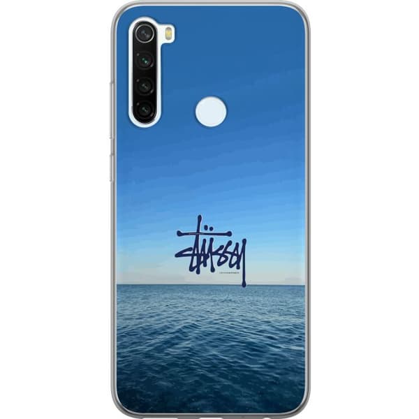 Kompatibelt Mobildeksel til Xiaomi Redmi Note 8 Havspanorama med blå himmel og stilig surf-inspirert logo blå