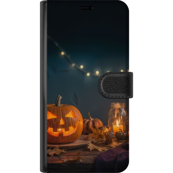 Kompatibel Tegnebogsetui til Samsung Galaxy A57 Lysende halloween-græskar omgivet af levende lys og efterårsblade orange