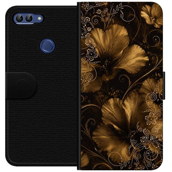 Kompatibelt Plånboksfodral till Huawei P smart Guldfärgade blommor guld