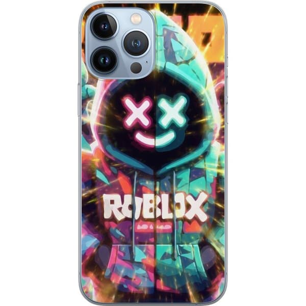 Kompatibelt Mobildeksel til Apple iPhone 13 Pro Max Neonfarget Roblox-figur i hettegenser med lysende effekter og energifylt bakgrunn, moderne gaming