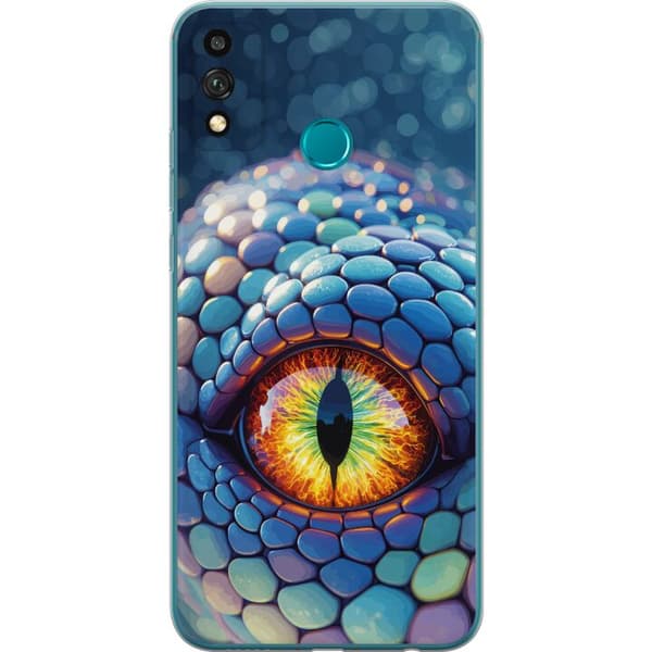 Kompatibelt Mobildeksel til Honor 9X Lite Nærbilde av en blå drakes øye med fargerik iris blå