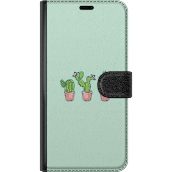 Kompatibel Tegnebogsetui til Apple iPhone 11 Pro Max Tre illustrerede grønne kaktusser i lyserøde potter mod mintgrøn baggrund grøn